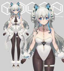 1girl animal_ears bare_shoulders black_gloves black_pantyhose blue_eyes blue_hair blush breasts cat_ears cat_tail closed_mouth collarbone dress flower full_body fur_trim gloves grey_hair hair_flower hair_ornament hair_ribbon large_breasts leotard long_hair multicolored_hair multiple_views pantyhose ribbon sakuraba_channel siiqa_vivi sleeveless sleeveless_dress streaked_hair tail thigh_strap virtual_youtuber white_dress white_footwear white_leotard white_ribbon yadoli_lina