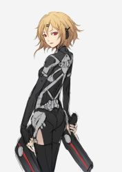 Rule 34 | 1girl, ass, black bodysuit, black thighhighs, blonde hair, bodysuit, breasts, commentary, cowboy shot, dual wielding, expressionless, from behind, grey background, gun, hair ornament, hairclip, headphones, highres, holding, holding gun, holding weapon, long barrel, looking at viewer, looking back, original, red eyes, science fiction, short hair, simple background, sketch, small breasts, solo, sugi 214, thighhighs, weapon