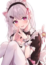 Rule 34 | 1girl, alternate costume, animal ears, apron, backlighting, black dress, blush, breasts, cat ears, cat tail, cleavage, commentary request, dress, enmaided, feet out of frame, frills, hair ornament, hair ribbon, hairclip, head tilt, highres, knees up, long hair, looking at viewer, maid, maid apron, maid headdress, medium breasts, nijisanji, open mouth, puffy sleeves, ribbon, shadow, shiina yuika, shiina yuika (5th costume), sidelocks, silver hair, simple background, sitting, solo, steepled fingers, tail, thighhighs, virtual youtuber, waist apron, white apron, white background, white thighhighs, yuzutouhu ika