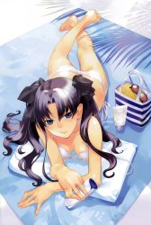 Rule 34 | 1girl, absurdres, bag, barefoot, bikini, black hair, blue eyes, bow, breasts, cleavage, day, face, fate/stay night, fate (series), female focus, foreshortening, hair bow, hair ribbon, highres, long hair, looking at viewer, looking up, lying, medium breasts, okazaki takeshi, on stomach, outdoors, pillow, ribbon, side-tie bikini bottom, solo, striped, sunglasses, swimsuit, tohsaka rin, twintails, two side up, untied, white bikini