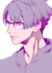 Rule 34 | 1boy, ace attorney, glasses, grey hair, highres, hood, hoodie, kazuma asogi, looking at viewer, male focus, noi350, open mouth, portrait, purple eyes, short hair, simple background, smile, solo, the great ace attorney, white background