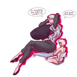 Rule 34 | 1boy, 1girl, arms up, breasts, covered erect nipples, curvy, english text, full body, giant, giantess, gigantic breasts, grey hair, height difference, long hair, n647, narrow waist, niijima sae, persona, persona 5, speech bubble, yellow eyes