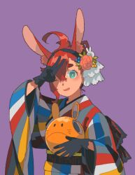 Rule 34 | 1girl, ahoge, animal ears, black gloves, black hairband, blue eyes, blush, chinese zodiac, crossed bangs, dou (mame eee), flower, gloves, gundam, gundam suisei no majo, hair between eyes, hair flower, hair ornament, hair up, hairband, haro, highres, japanese clothes, kemonomimi mode, kimono, long sleeves, multicolored clothes, multicolored kimono, one eye closed, open mouth, purple background, rabbit ears, red hair, single sidelock, smile, solo, striped clothes, striped kimono, suletta mercury, thick eyebrows, upper body, v, wide sleeves, year of the rabbit