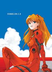 Rule 34 | 1girl, artist request, blue sky, bodysuit, breasts, brown hair, evangelion: 2.0 you can (not) advance, hair between eyes, hair ornament, long hair, looking at viewer, neon genesis evangelion, pilot suit, plugsuit, rebuild of evangelion, red bodysuit, shiny clothes, shiny skin, simple background, sitting, skin tight, sky, solo, souryuu asuka langley, two side up, very long hair, water