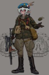 Rule 34 | 1girl, absurdres, akm, akms, ammunition pouch, assault rifle, averting eyes, belt, beret, black footwear, blue hat, boots, brown belt, brown pants, brown shirt, camouflage, camouflage jacket, chinese commentary, closed mouth, collared shirt, commentary request, explosive, f-1 grenade (soviet), folding stock, frown, full body, green jacket, green panties, grenade, grey background, gun, gun sling, hat, hat feather, hat ornament, highres, jacket, kalashnikov rifle, legs apart, load bearing equipment, long sleeves, military hat, military jacket, military uniform, original, panties, pants, pants tucked in, pocket, pointy ears, pouch, red eyes, red star, rifle, scope, shirt, solo, soviet, soviet army, standing, star (symbol), star hat ornament, suppressor, tuziki sang, underwear, uniform, vertical foregrip, weapon, white hair, woodland camouflage