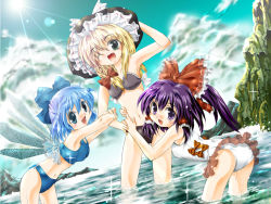 Rule 34 | 3girls, :d, ;d, ass, bathing, bikini, blonde hair, blue bikini, blue eyes, blue hair, blush, braid, casual one-piece swimsuit, cirno, day, embodiment of scarlet devil, female focus, from behind, hakurei reimu, hat, ice, ice wings, kirisame marisa, looking at viewer, looking back, multiple girls, one-piece swimsuit, one eye closed, open mouth, outdoors, river, single braid, smile, swimsuit, touhou, wading, water, white one-piece swimsuit, wings, witch hat