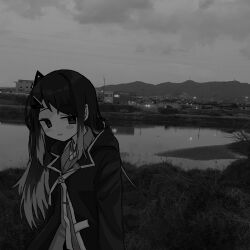 Rule 34 | 1girl, arms at sides, blush stickers, closed mouth, cloud, cloudy sky, coat, coefont, collared shirt, colored tips, commentary request, cross tie, grass, greyscale, hair ornament, hairclip, half-closed eyes, highres, hood, hood down, hooded coat, kure (mainititanosii6), leaning forward, light smile, long hair, long sleeves, looking at viewer, millial (coefont), monochrome, mountainous horizon, multicolored hair, one side up, open clothes, open coat, outdoors, photo background, pond, power lines, raised eyebrows, shirt, sky, solo, town, upper body