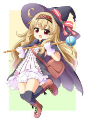 Rule 34 | 1girl, bag, bandaid, bandaid on knee, bandaid on leg, blonde hair, bloomers, boots, cloak, commentary, full body, gloves, hat, highres, knapsack, kneehighs, little witch nobeta, long hair, nobeta, pila-pela, satchel, socks, solo, underwear, wand, witch, witch hat