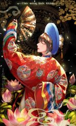 Rule 34 | 1girl, absurdres, ao nhat binh, arm up, arms behind back, axis powers hetalia, brown hair, closed eyes, dress, floral print, flower, from side, hand fan, highres, holding, holding fan, khan van, long sleeves, lotus, profile, red dress, short hair, solo, tassel, vietnam (hetalia), vietnamese dress, wide sleeves