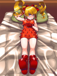 Rule 34 | 1girl, ankle boots, bed, blonde hair, blue eyes, blush, boots, bow, breasts, dress, effie (street fighter), fingerless gloves, full-face blush, gloves, hair bow, long hair, looking at viewer, on bed, osamu yagi, pillow, red dress, red gloves, ribbon, solo, spikes, street fighter, street fighter iii (series), sweatdrop, twintails