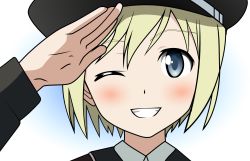 Rule 34 | 00s, 1girl, blonde hair, blue eyes, blush, erica hartmann, hat, highres, one eye closed, salute, solo, strike witches, uniform, vector trace, wink, world witches series