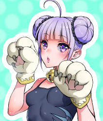 Rule 34 | 1girl, absurdres, ahoge, animal hands, bell, blue background, blue one-piece swimsuit, breasts, cat paws, double bun, grey one-piece swimsuit, hair bun, hands up, highres, jingle bell, looking at viewer, neck bell, official alternate costume, one-piece swimsuit, outline, parted lips, paw pose, polka dot, polka dot background, purple eyes, purple hair, small breasts, solo, swimsuit, tales of (series), tales of graces, upper body, usagi nagomu, white outline