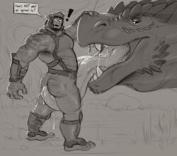 Rule 34 | !, 1boy, absurdres, anilingus, arm hair, armpit hair, armpit hair peek, ass, ass hair, back hair, bara, barefoot, beard, bestiality, dragon, english text, facial hair, from side, greyscale, hairy, half-closed eyes, helmet, highres, huge ass, large hands, large pectorals, leg hair, long tongue, looking at another, male focus, mature male, monochrome, muscular, muscular male, open mouth, orc, original, overalls, pectorals, pointy ears, raised eyebrows, razzpery, revealing clothes, saliva, saliva trail, short hair, sidepec, sketch background, smug, solo, surprised, thick eyebrows, thick thighs, thighs, tongue, tusks, yaoi