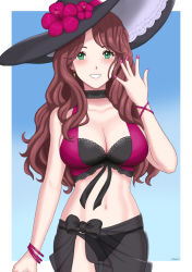 Rule 34 | 1girl, bare arms, bare shoulders, bikini, black bikini, black choker, black hat, blue background, blush, border, breasts, brown hair, choker, cleavage, commentary, cowboy shot, dorothea arnault, fire emblem, fire emblem: three houses, fire emblem heroes, flower, green eyes, grin, hand up, hat, hat flower, hibiscus, large breasts, long hair, looking at viewer, miven, nail polish, navel, nintendo, outside border, purple flower, purple nails, sarong, see-through, smile, solo, standing, stomach, swimsuit, white border
