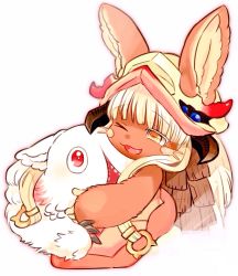 Rule 34 | 1girl, ;3, ;d, animal ears, body fur, colored eyelashes, fang, furry, highres, horizontal pupils, hug, long hair, long sleeves, looking at another, made in abyss, mitty (made in abyss), nanachi (made in abyss), one eye closed, open mouth, rabbit ears, satokichi, simple background, smile, whiskers, white background, white hair