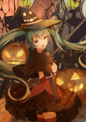 Rule 34 | 1girl, black hat, black skirt, capelet, cowboy shot, floating hair, from side, green eyes, green hair, hair between eyes, halloween, halloween costume, hat, hatsune miku, highres, jack-o&#039;-lantern, layered skirt, lingyan heiye, long hair, looking at viewer, miniskirt, open mouth, pumpkin, skirt, solo, thighhighs, twintails, very long hair, vocaloid, witch hat