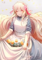 Rule 34 | 1girl, absurdres, apron, apron lift, artist name, blonde hair, blush, bow, clothes lift, dated, dress, flower, green dress, grey background, hair bow, hakamii, happy birthday, highres, kagerou project, kozakura marry, long hair, looking at viewer, maid apron, one eye closed, orange flower, petals, pink bow, red eyes, smile, solo, white apron