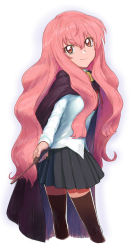 Rule 34 | 1girl, black cape, black skirt, brown thighhighs, cape, closed mouth, collared shirt, cropped legs, hair between eyes, highres, holding, holding wand, long hair, long sleeves, looking at viewer, louise francoise le blanc de la valliere, menomorute, pink eyes, pink hair, pleated skirt, shirt, sidelocks, simple background, skirt, smile, solo, standing, thighhighs, very long hair, wand, white background, white shirt, zero no tsukaima, zettai ryouiki