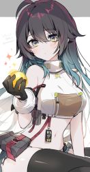 Rule 34 | 1girl, absurdres, ahoge, bare shoulders, black gloves, black hair, black thighhighs, blue hair, blush, bracelet, breasts, brown bag, closed mouth, cropped shirt, cutout gloves, gloves, gradient hair, green eyes, grey eyes, hair flaps, highres, holding orb, id card, jewelry, medium breasts, memeno, multicolored hair, navel, pouch, sidelocks, sitting, solo, sparkle, thighhighs, thighs, tower of fantasy, turtleneck, wanderer (tower of fantasy)