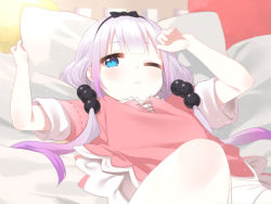 Rule 34 | 10s, 1girl, bad id, bad pixiv id, beads, bed, bed sheet, black bow, black hairband, blue eyes, blunt bangs, bow, closed mouth, dress, fingernails, furururu, gradient hair, hair beads, hair bow, hair ornament, hairband, hand to head, hands up, indoors, kanna kamui, kobayashi-san chi no maidragon, light purple hair, long hair, looking at viewer, lying, multicolored hair, on back, on bed, one eye closed, panties, pillow, pink dress, purple hair, short sleeves, slit pupils, solo, twintails, underwear, white panties