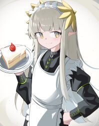 Rule 34 | 1girl, absurdres, alternate costume, apron, arknights, black dress, blush, brown eyes, cake, cake slice, closed mouth, dress, enmaided, food, frilled apron, frills, fruit, grey hair, hand on own hip, hand up, highres, holding, holding plate, juliet sleeves, licking lips, long hair, long sleeves, maid, maid apron, maid headdress, muelsyse (arknights), plate, pointy ears, puffy sleeves, smile, solo, spam (spamham4506), strawberry, tongue, tongue out, very long hair, white apron