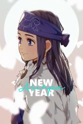 Rule 34 | 1girl, ainu, ainu clothes, asirpa, bandana, black hair, blue eyes, blue headband, character name, closed mouth, commentary request, ear piercing, earrings, english text, from side, fur, golden kamuy, headband, highres, hoop earrings, jewelry, long hair, looking away, new year, piercing, sayasaka, simple background, smile, solo, upper body