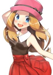 Rule 34 | 1girl, :d, arm up, bad id, bad twitter id, black bow, black ribbon, black shirt, blue eyes, blush, bow, brown hair, collarbone, creatures (company), floating hair, game freak, hat, hat bow, hat ribbon, highres, long hair, looking at viewer, miniskirt, nintendo, open mouth, outstretched arm, pink hat, pleated skirt, pokemon, red skirt, ribbon, serena (pokemon), shirt, simple background, skirt, sleeveless, sleeveless shirt, smile, solo, standing, standing on one leg, white background, yuihico