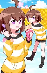 Rule 34 | 1girl, ahoge, arms behind back, artist name, breasts, bright pupils, brown hair, casual, crepe, food, highres, linne, long sleeves, looking at viewer, lyn (shunao), multiple views, polka dot, polka dot background, purple eyes, small breasts, spoon, striped, sweater, under night in-birth