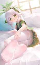 Rule 34 | 1girl, ass, bare shoulders, breasts, detached sleeves, dress, feet, fingernails, foot focus, foreshortening, genshin impact, green dress, green eyes, grey hair, hair ornament, highres, indoors, leaf hair ornament, long hair, looking at viewer, lying, nahida (genshin impact), on bed, on side, panties, panties under pantyhose, pantyhose, pointy ears, ponytail, senba (592683801), slime (genshin impact), small breasts, soles, solo, symbol-shaped pupils, tareme, thighband pantyhose, toes, underwear, white pantyhose