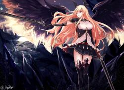 Rule 34 | 10s, 1girl, armor, armored boots, ayubee, black gloves, black skirt, blonde hair, boots, dark angel olivia, dual wielding, gloves, highres, holding, holding sword, holding weapon, horns, long hair, pleated skirt, red eyes, shingeki no bahamut, signature, skirt, solo, sword, weapon, wings