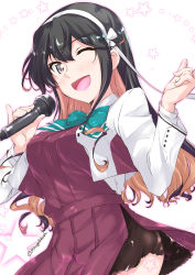 Rule 34 | 1girl, black hair, blouse, blue bow, blue bowtie, blush, bow, bowtie, breasts, commentary request, cowboy shot, dress, fang, hair between eyes, hair ribbon, hairband, holding, holding microphone, kantai collection, large breasts, long hair, long sleeves, looking at viewer, microphone, mikage takashi, multicolored hair, music, naganami (kancolle), naganami kai ni (kancolle), one eye closed, open mouth, pink hair, pleated skirt, ribbon, shirt, simple background, singing, skirt, solo, star (symbol), starry background, two-tone hair, wavy hair, white hairband, white shirt