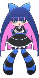 Rule 34 | 1girl, black dress, blue hair, bow, breasts, breasts squeezed together, colored inner hair, dress, full body, green eyes, hair bow, long hair, mike inel, multicolored hair, official style, panty &amp; stocking with garterbelt, pantyhose, pink hair, solo, stocking (psg), striped clothes, striped legwear, striped pantyhose, transparent background, two-tone hair