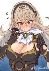 Rule 34 | 1girl, armor, armpit crease, ascot, blonde hair, blue cape, blush, breastplate, breasts, cape, cleavage, cleavage cutout, clothing cutout, commentary request, corrin (female) (fire emblem), corrin (female) (nohr noble) (fire emblem), corrin (fire emblem), embarrassed, fire emblem, fire emblem fates, fire emblem heroes, gauntlets, gem, green gemstone, hairband, highres, karashino, large breasts, long hair, looking down, nintendo, official alternate costume, pointy ears, red eyes, solo, sweatdrop, tan, tanline, tareme, twitter username, upper body, very long hair, white background, worried