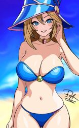 Rule 34 | 1girl, arm up, artist name, beach, bikini, blonde hair, blue bikini, blue eyes, blue sky, breasts, cleavage, curvy, dark magician girl, hand on own face, large breasts, legs, long hair, magical girl, navel, ocean, parted lips, sky, smile, solo, swimsuit, thick thighs, thighs, thong bikini, water, wide hips, yu-gi-oh!