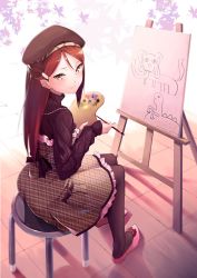 Rule 34 | 10s, 1girl, aida rikako, beret, black pantyhose, blurry, canvas (object), dress, easel, elephant, flats, frilled dress, frills, ginopi, hair ornament, hairclip, half updo, hat, highres, long hair, long sleeves, love live!, love live! school idol festival, love live! sunshine!!, paintbrush, painting (action), painting (object), palette (object), pantyhose, parted bangs, pink footwear, plaid, plaid dress, plaid skirt, red hair, sakurauchi riko, shoes, sitting, skirt, smile, stool, unmoving pattern, voice actor connection, yellow eyes