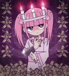 Rule 34 | 1girl, blunt bangs, bow, candle, closed mouth, doll, expressionless, ezaki bisuko, hair bow, hammer, holding, holding doll, holding hammer, japanese clothes, kimono, menhera-chan (ezaki bisuko), menhera-chan (ezaki bisuko) (character), needle, pink bow, pink hair, pink kimono, purple background, shaded face, short twintails, sidelocks, solo, spiral, text background, twintails, voodoo doll, wide sleeves