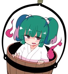 Rule 34 | 1girl, blush, brown eyes, bucket, fang, green hair, hair bobbles, hair ornament, in bucket, in container, ini (inunabe00), japanese clothes, kimono, kisume, open mouth, short hair, simple background, skin fang, smile, solo, touhou, two side up, white background, white kimono