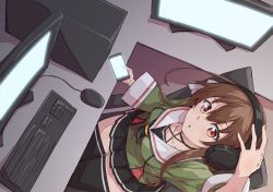 Rule 34 | .live, 1girl, absurdres, brown hair, cellphone, chair, collarbone, commentary request, computer, headband, headphones, highres, keyboard, long hair, looking at viewer, monitor, mouse (computer), phone, red eyes, sakuria, school uniform, solo, virtual youtuber, yaezawa natori