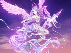 Rule 34 | 1girl, alicorn girl, animal, barbie (franchise), blue eyes, blue hair, bodysuit, breasts, doll, earrings, facial tattoo, feathered wings, flying, high heels, highres, jewelry, jumpsuit, light blue hair, light purple hair, long hair, makeup, markings, miracle nikki, multicolored hair, nail polish, necklace, pearl necklace, pegasus, pegasus girl, pegasus wings, pink nails, pink wings, ponytail, purple lips, ring, sky, solo focus, sparkle, streaked hair, tail, tattoo, unicorn, unicorn girl, wavy hair, wings