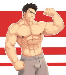 Rule 34 | 1boy, bara, bare pectorals, bare shoulders, barry go, black eyes, chest hair, closed mouth, large pectorals, looking at viewer, male focus, mature male, muscular, muscular male, no shirt, original, pectorals, smile, solo, topless male