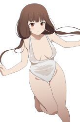 Rule 34 | 1girl, :o, alternate breast size, bare arms, bare legs, barefoot, blush, breasts, brown eyes, brown hair, cleavage, closed mouth, collarbone, coro fae, covered navel, dot mouth, dot nose, downblouse, feet, highres, iino miko, kaguya-sama wa kokurasetai ~tensai-tachi no renai zunousen~, leotard, long hair, looking at viewer, medium breasts, midriff, midriff peek, navel, one-piece swimsuit, paid reward available, pussy, pussy peek, see-through, simple background, small breasts, solo, swimsuit, thick thighs, thigh gap, thighs, twintails, wet, wet clothes, wet swimsuit, white background, white leotard