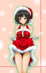 Rule 34 | 1girl, amagami, bad id, bad pixiv id, black hair, blush, brown eyes, christmas, clothes lift, dress, gloves, hat, heart, highres, jewelry, nanasaki ai, necklace, peppe, santa costume, santa hat, short hair, skirt, skirt lift, solo, swimsuit, swimsuit under clothes, thigh gap, thighs, white gloves