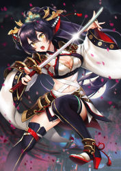 Rule 34 | 1girl, armor, belt, black footwear, black hair, blurry, blurry foreground, blush, boots, breasts, bridal gauntlets, center opening, chromatic aberration, cleavage, commentary request, cowboy shot, crop top, eyebrows hidden by hair, falling petals, full moon, glint, glowing, glowing eye, hair between eyes, hair ornament, head tilt, high heel boots, high heels, high ponytail, highres, holding, holding sword, holding weapon, japanese armor, japanese clothes, katana, kimono, kusazuri, large breasts, long hair, long sleeves, looking at viewer, midriff, mole, mole on breast, mole under eye, mole under mouth, moon, navel, night, night sky, noixen, open mouth, petals, sengoku fubu, shoulder armor, shrine, sidelocks, skirt, sky, socks, sode, solo, standing, standing on one leg, star (sky), starry sky, suneate, sword, tassel, teeth, thighhighs, upper teeth only, weapon, white kimono, white skirt, wide sleeves, yellow eyes, zettai ryouiki