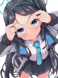 Rule 34 | 1girl, aris (blue archive), arms up, black hair, black hairband, black skirt, blue archive, blue eyes, blue necktie, blush, closed mouth, collared shirt, commentary request, forehead, from above, hairband, halo, highres, jacket, long hair, long sleeves, looking at viewer, looking up, necktie, one side up, open clothes, open jacket, pleated skirt, puffy long sleeves, puffy sleeves, shirt, simple background, skirt, sleeves past wrists, solar milk, solo, standing, very long hair, white background, white jacket, white shirt