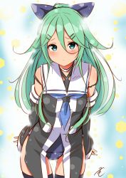 Rule 34 | 1girl, bad id, bad pixiv id, black ribbon, black serafuku, black thighhighs, blue background, blue neckerchief, blue one-piece swimsuit, bow, breasts, choker, closed mouth, detached sleeves, green eyes, green hair, hair between eyes, hair bow, hair ornament, hairclip, highres, kantai collection, leaning forward, long hair, neckerchief, one-piece swimsuit, ribbon, sailor collar, school swimsuit, school uniform, serafuku, shinomu (cinomoon), small breasts, solo, sparkle background, swimsuit, swimsuit under clothes, thighhighs, white sailor collar, yamakaze (kancolle)