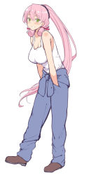 Rule 34 | 1girl, akashi (kancolle), alternate hairstyle, blue jumpsuit, breasts, clothes around waist, commentary request, full body, green eyes, hair ribbon, hands in pockets, jumpsuit, kantai collection, kusano (torisukerabasu), large breasts, long hair, parted lips, pink hair, ponytail, ribbon, shirt, simple background, sleeveless, sleeveless shirt, smile, solo, tress ribbon, undershirt, white background