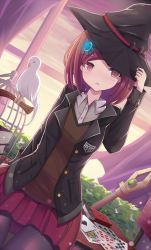 Rule 34 | 1girl, animal, bird, black hat, blush, card, commentary, danganronpa (series), danganronpa v3: killing harmony, english commentary, hair ornament, hairclip, hat, highres, jacket, long sleeves, looking at viewer, miniskirt, pantyhose, playing card, pleated skirt, red eyes, red hair, school uniform, short hair, skirt, smile, solo, staff, stratozpherez, white bird, window, witch hat, yumeno himiko