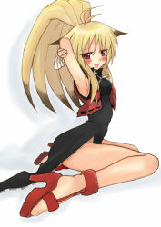 Rule 34 | 1girl, ahoge, animal ears, armpits, arms behind head, ass, banpresto, blonde hair, blush, capcom, china dress, chinese clothes, dress, fox ears, fox tail, garyou, high heel sandals, high heels, legs, long hair, long legs, looking at viewer, multicolored hair, namco, namco x capcom, red eyes, red footwear, sandals, shoes, simple background, sitting, solo, super robot wars, super robot wars og saga mugen no frontier, super robot wars og saga mugen no frontier exceed, tail, two-tone hair, vest, xiaomu, zipper