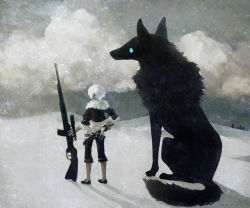 Rule 34 | ambiguous gender, animal, bad id, bad pixiv id, black footwear, black pants, cloud, cloudy sky, dated, gu (goodnight), gun, holding, holding gun, holding sword, holding weapon, muted color, original, oversized animal, oversized object, pants, scabbard, shadow, sheath, shoes, sky, solo, sword, weapon, wide shot, wolf