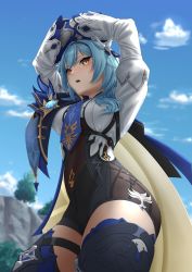 Rule 34 | 1girl, absurdres, arms up, black hairband, blue footwear, blue hair, blue necktie, blurry, blush, bodystocking, breasts, brown eyes, cape, depth of field, eula (genshin impact), from below, genshin impact, hair ornament, hairband, highres, long sleeves, medium breasts, medium hair, necktie, outdoors, parted lips, satyarizqy, sky, solo, standing, thighhighs, thighs, vision (genshin impact)
